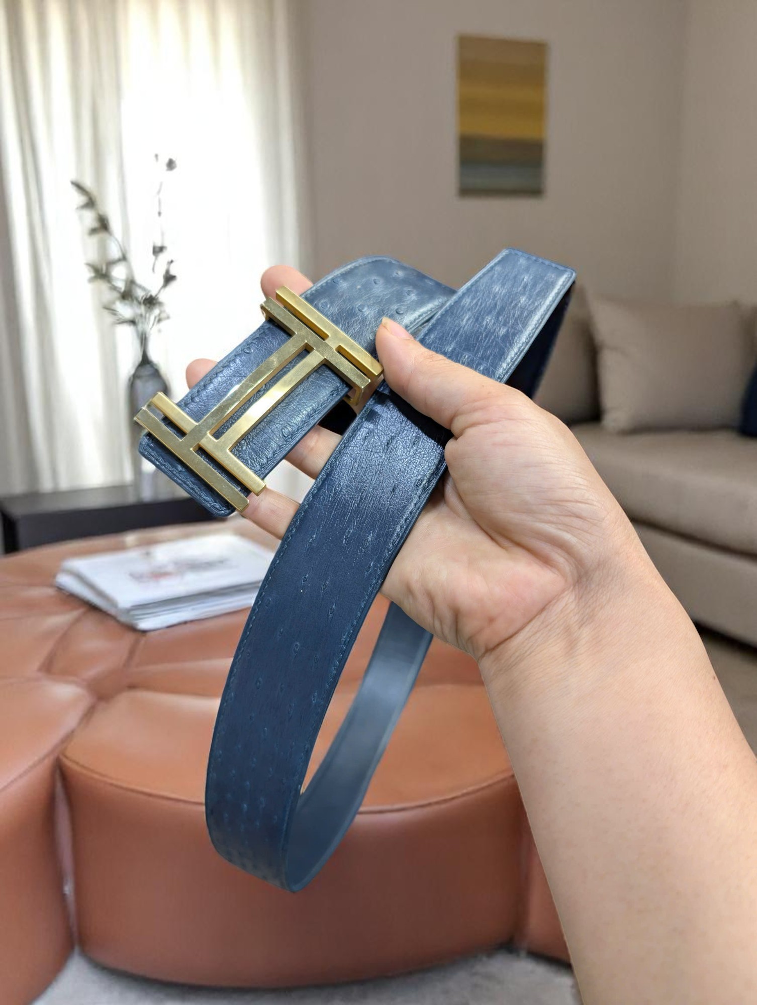 Thắt lưng nam da đà điểu handmade mặt khóa vàng sang trọng