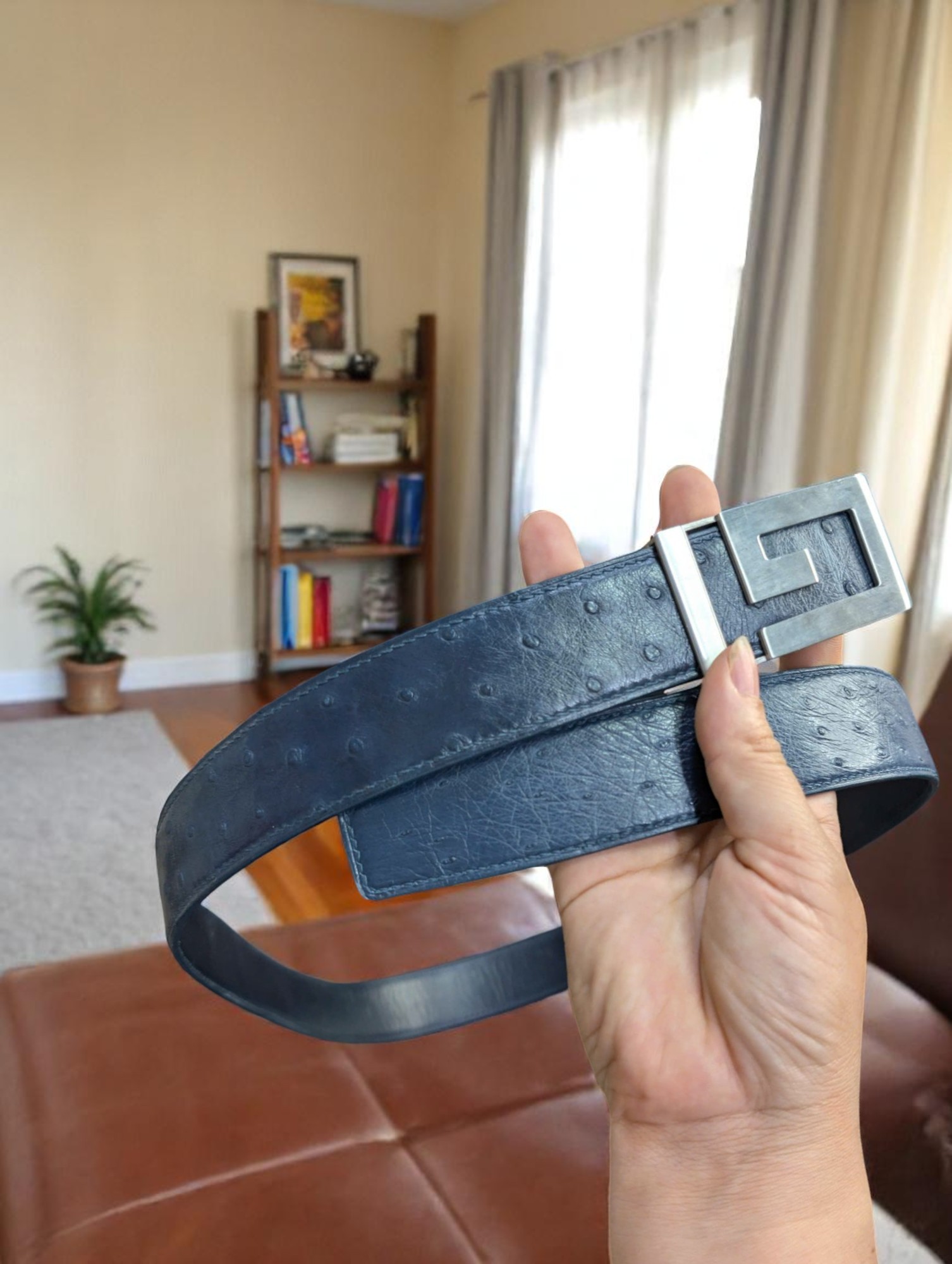 thắt lưng da đà điểu khâu tay thủ công